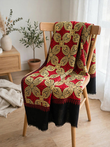 Traditional Kashmir Pashmina Shawl  Crimson & Gold Tilla Embroidery Wrap
