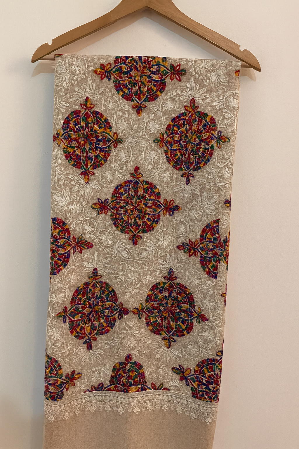 Luxury Multicolor Embroidered Shawl – White Base Elegance