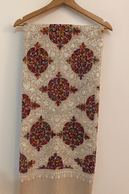 Luxury Multicolor Embroidered Shawl – White Base Elegance