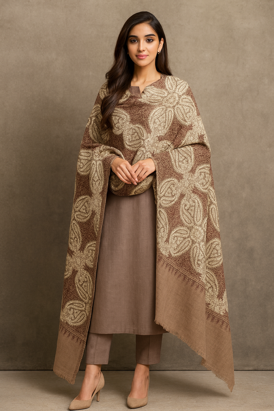 Caramel Beige Pashmina Shawl with Intricate Aari Embroidery