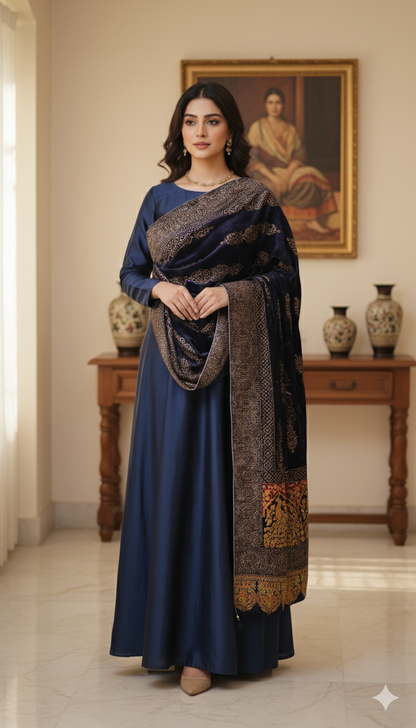 Luxury Block Print Velvet Shawl – Midnight Blue Elegance