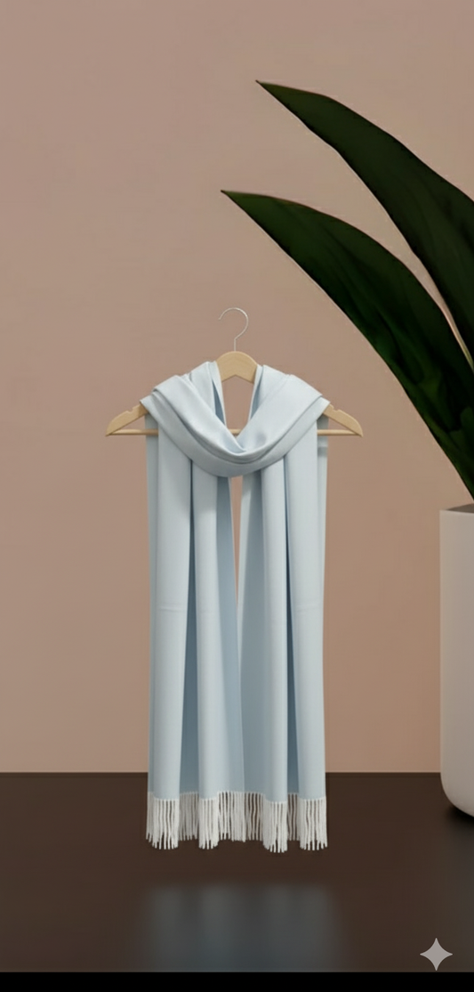 Luxury Light Blue Self-Print Lined Stole with Fringe