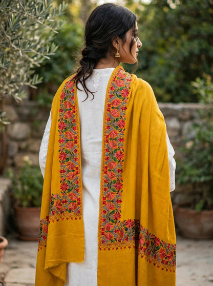 Mustard Bloom -Embroidered Pure Pashmina Shawl with Kashmiri Aari Border