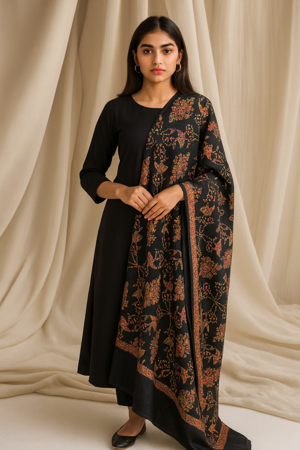 Luxury Needle Embroidery Pashmina Shawl – Black Floral Elegance