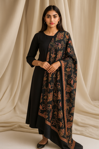 Luxury Needle Embroidery Pashmina Shawl – Black Floral Elegance