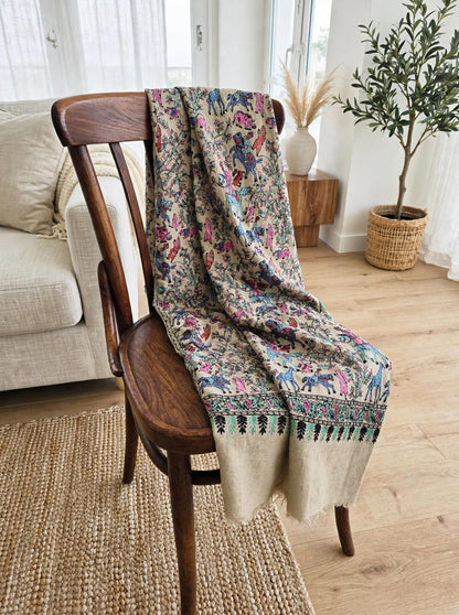 Noor - Beige Shikargah Kalamkari Pashmina Shawl