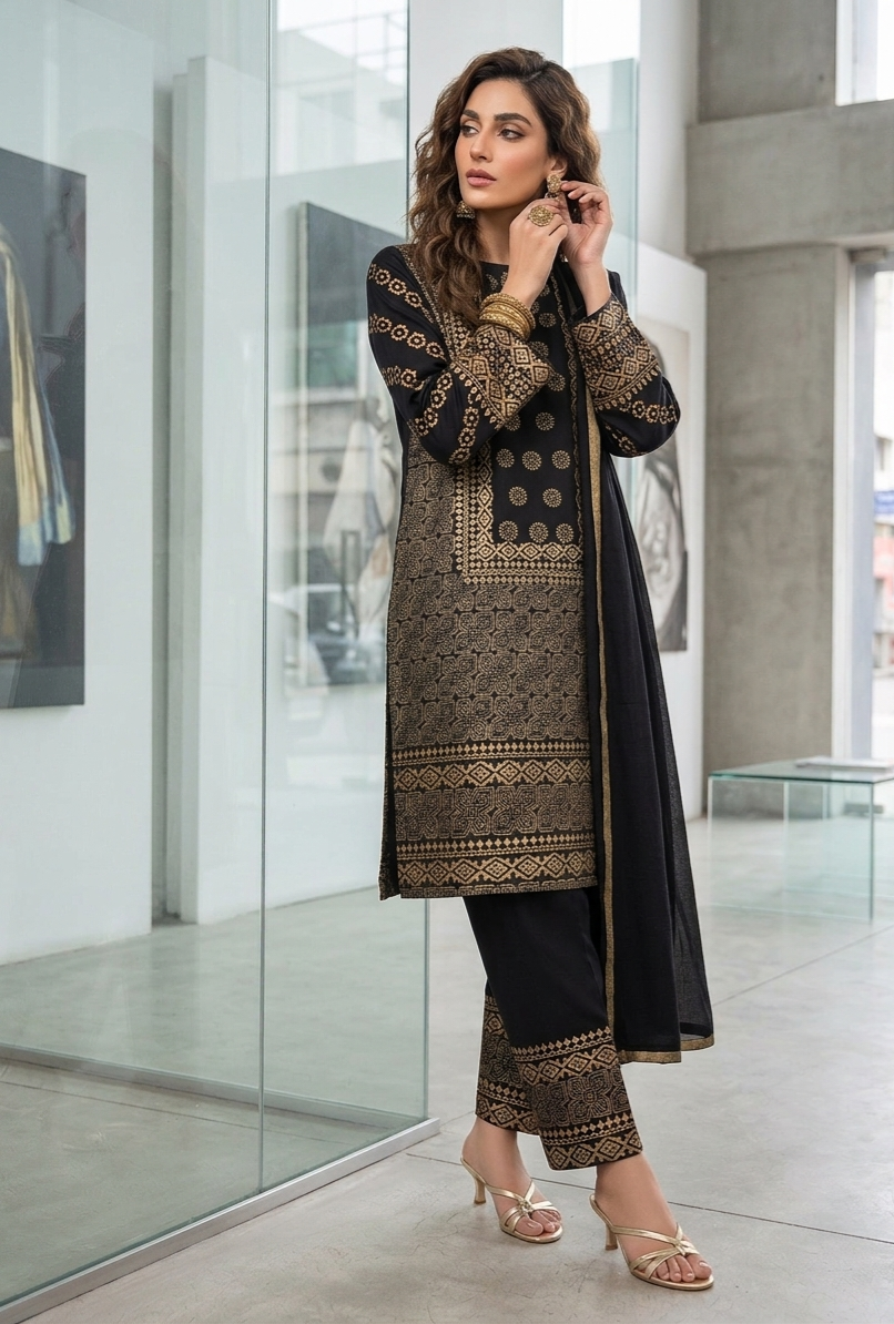 Midnight Gold Hand-Block Printed Cotton Lawn Set