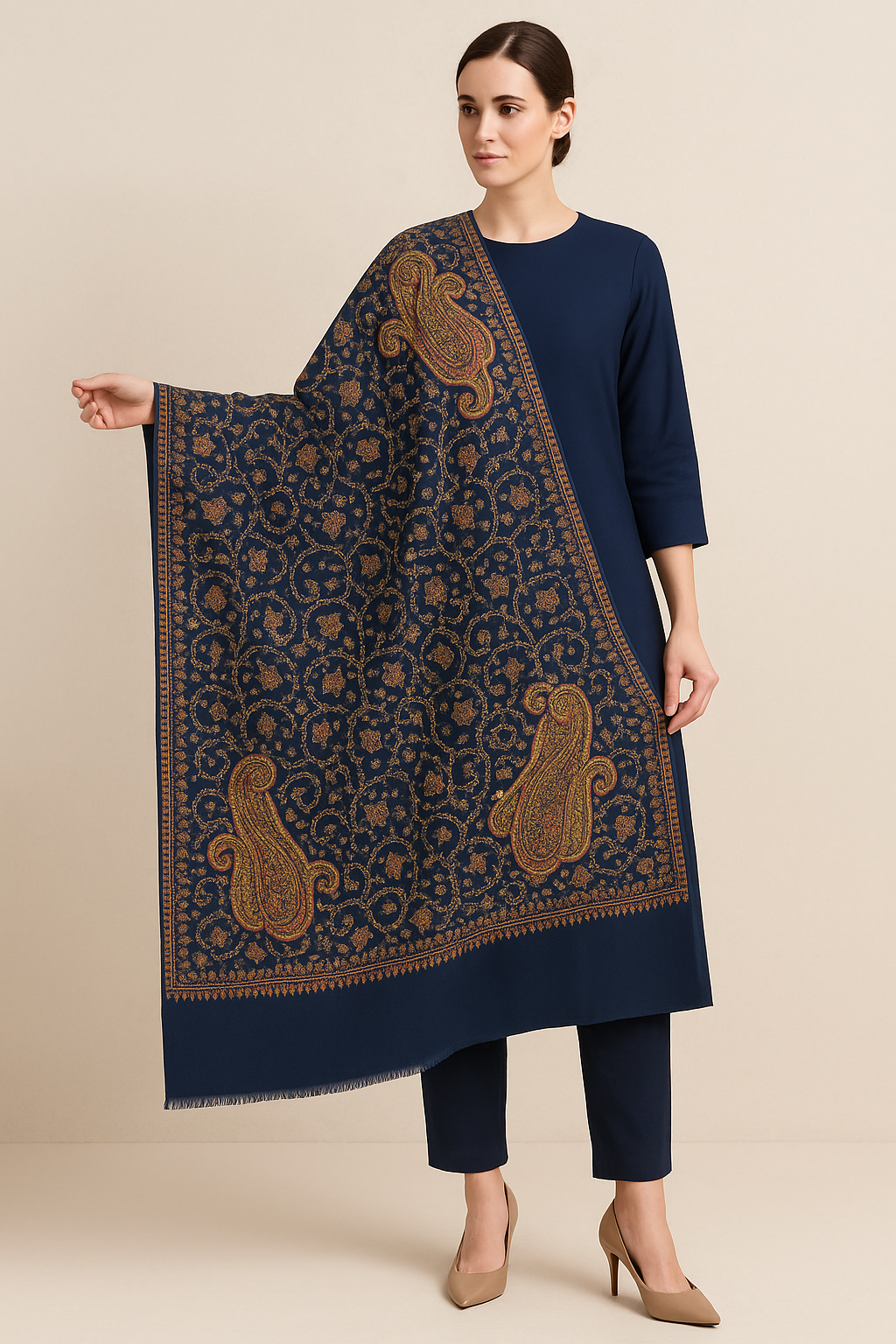 Luxury Navy Blue Pashmina Shawl  Handcrafted Sui Embroidery with Paisley & Floral Motifs