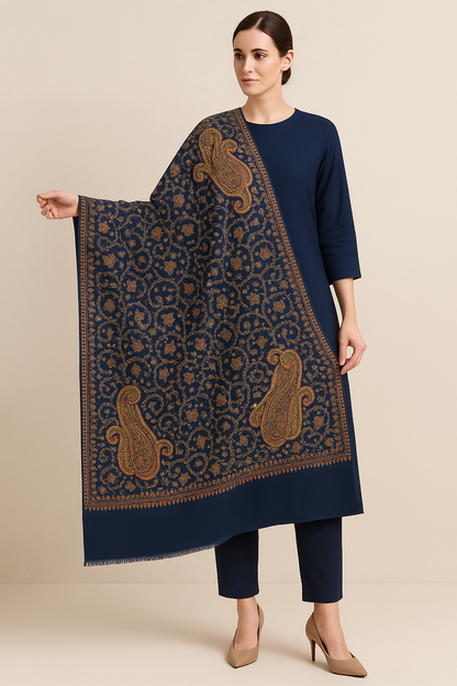 Luxury Navy Blue Pashmina Shawl  Handcrafted Sui Embroidery with Paisley & Floral Motifs