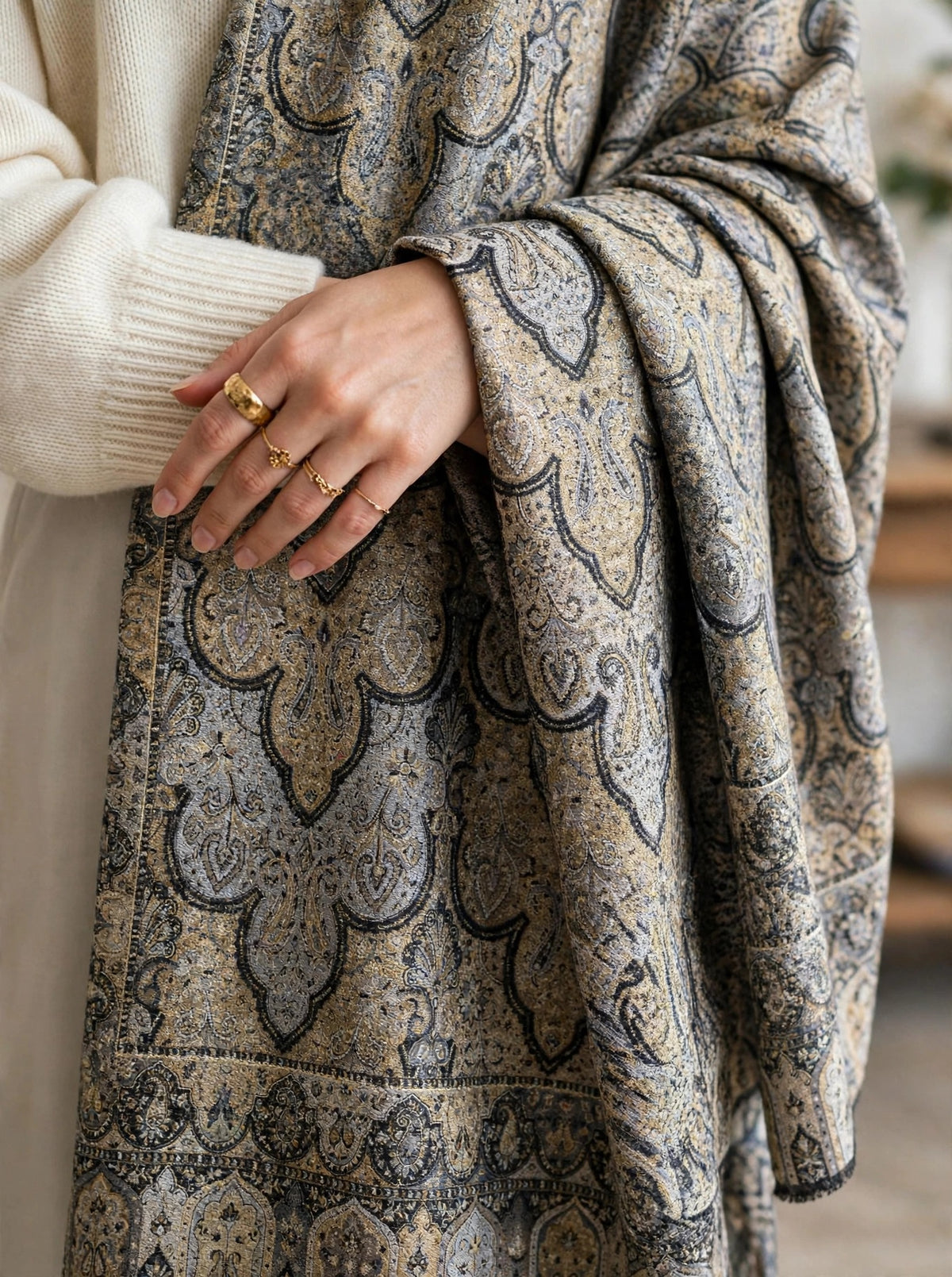 Luxury Black Gold Kani Silk Pashmina Shawl with Zari | Handmade Kashmiri Jama Shawl