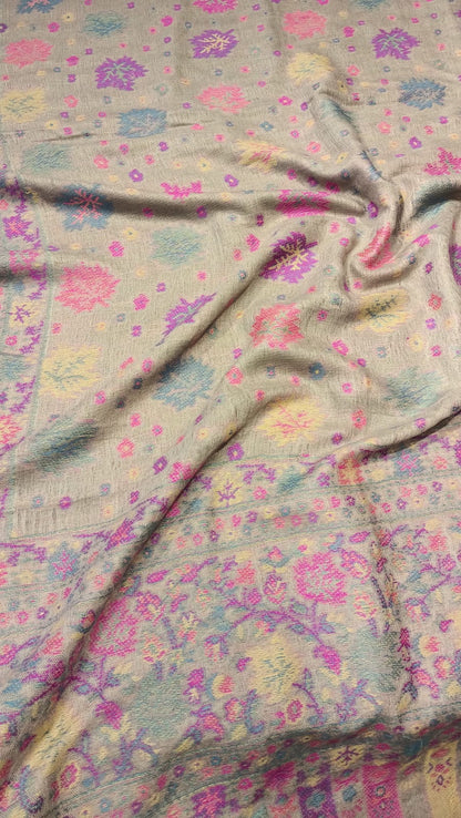 Elegant Kani Pashmina Shawl – Pastel Lilac & Pink Weaves