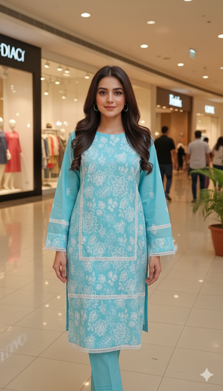 Sky blue embroidered lawn suit