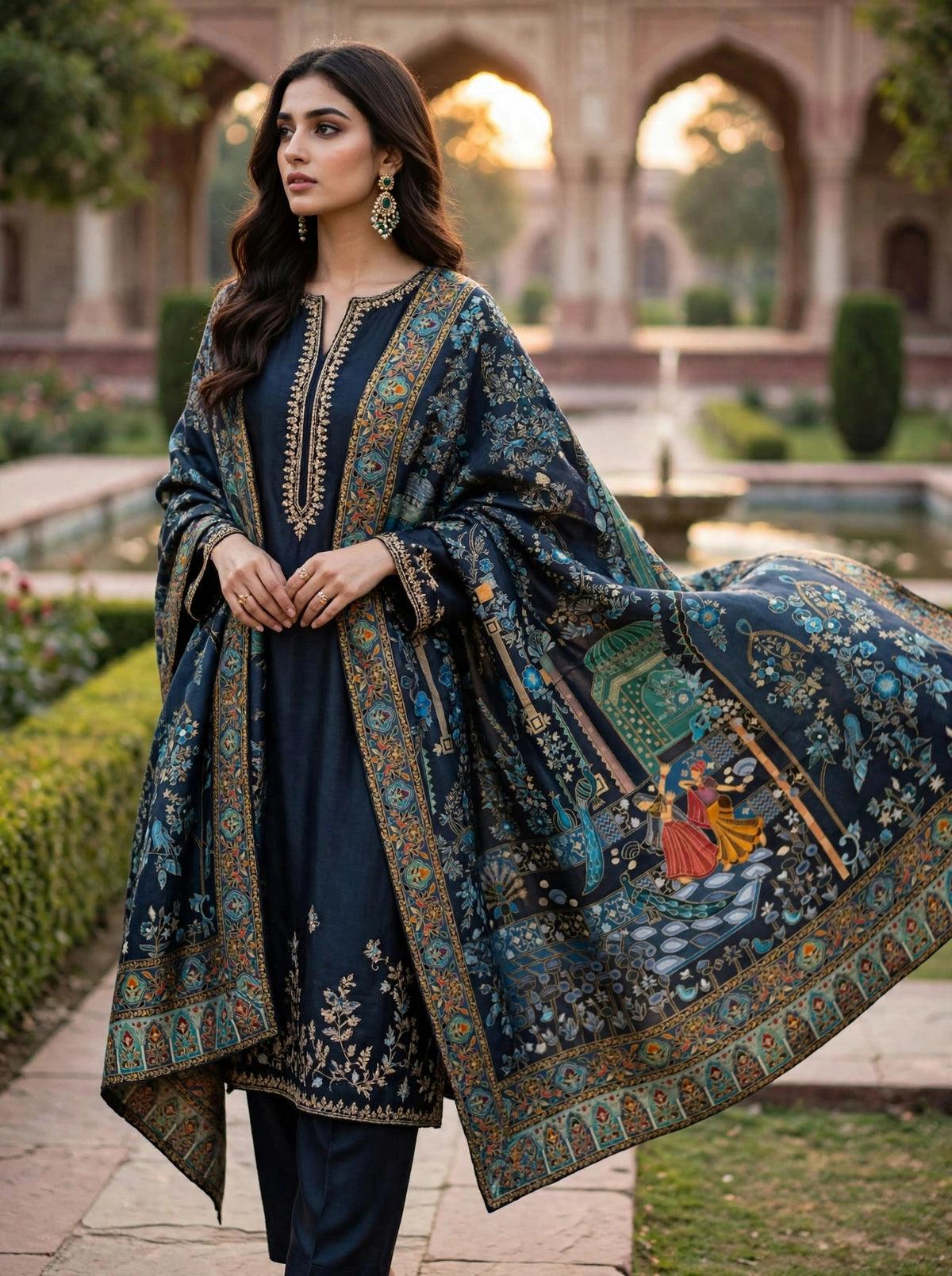Teal Blue Mughal Darbar Minakari Shawl - Premium Kaani Pashmina Shawl
