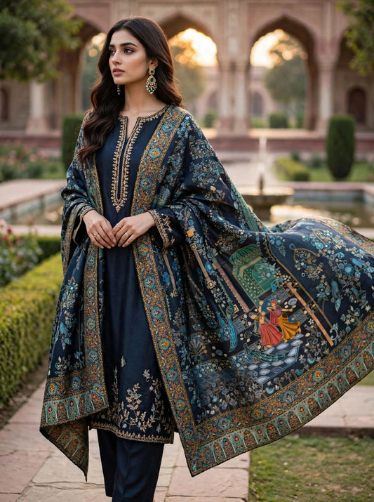 Teal Blue Mughal Darbar Minakari Shawl - Premium Kaani Pashmina Shawl