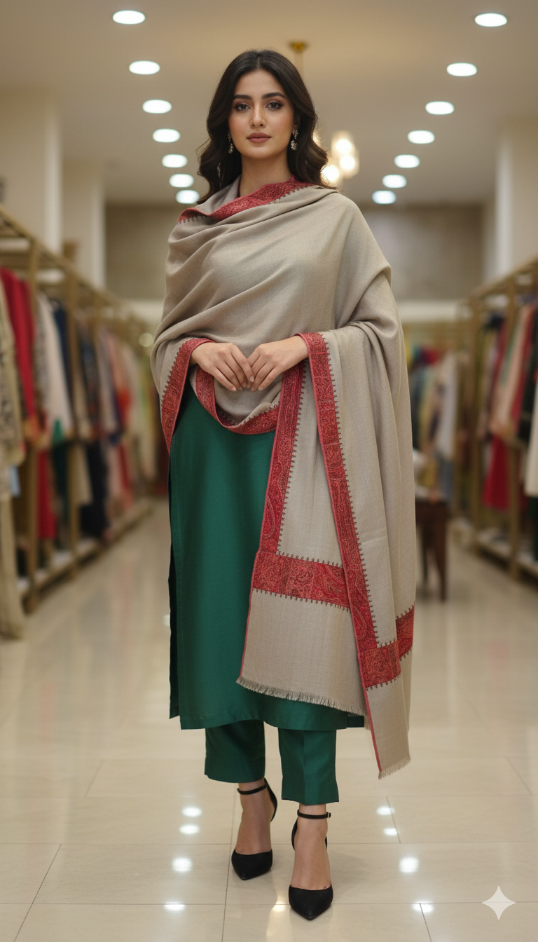 Elegant Beige Pashmina Shawl with Red Embroidered Border