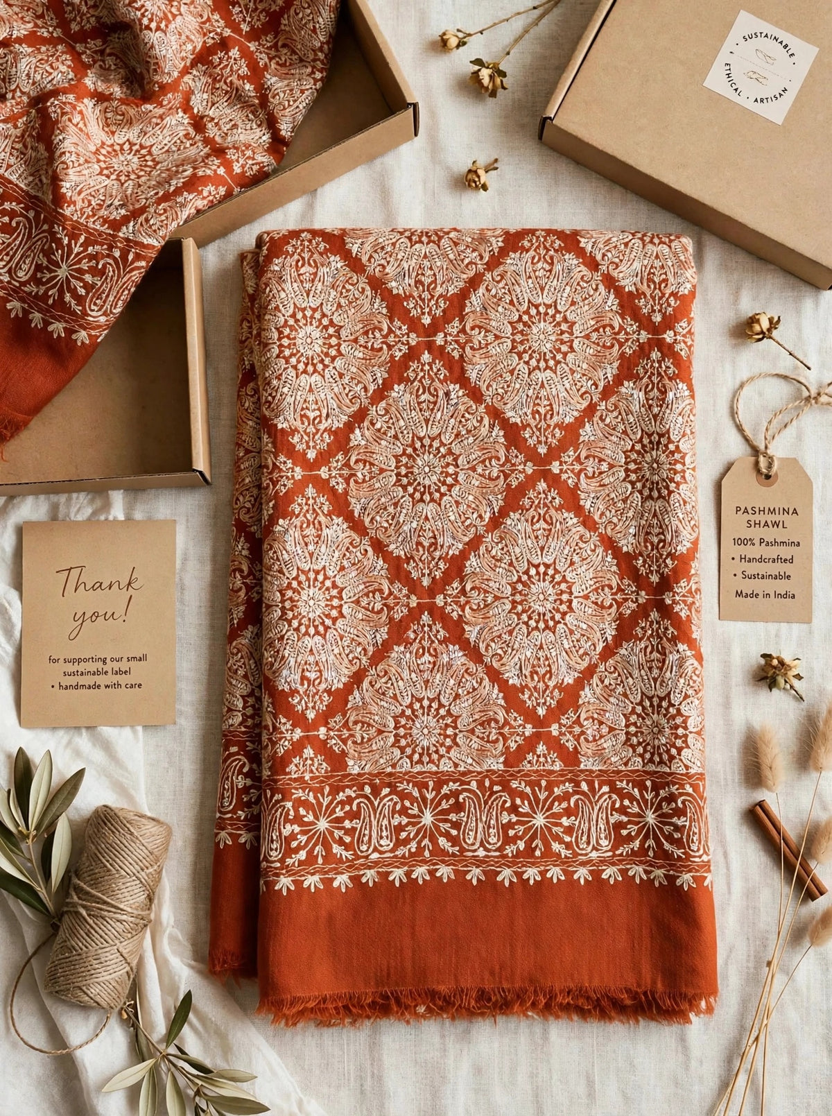 Rust Orange Nalki Embroidered Pashmina Shawl