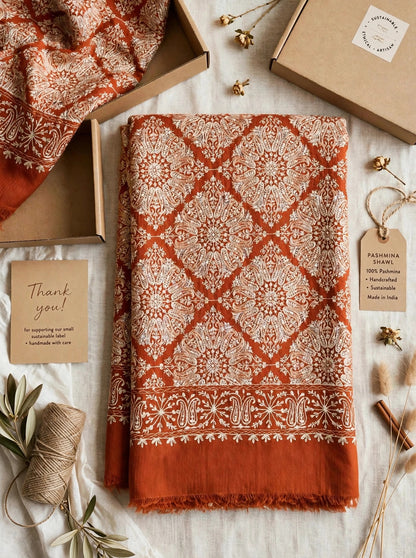 Rust Orange Nalki Embroidered Pashmina Shawl