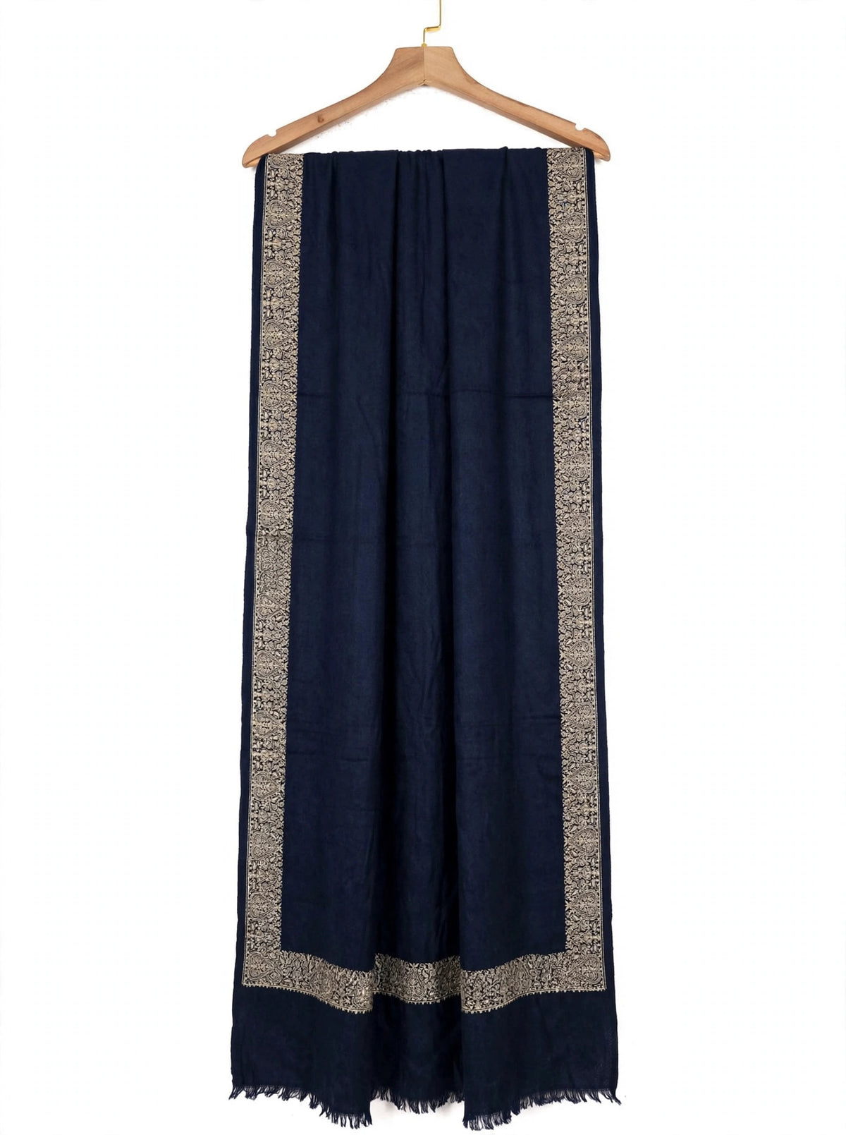 Navy Blue Pashmina Shawl with Gold Zari Paisley Border