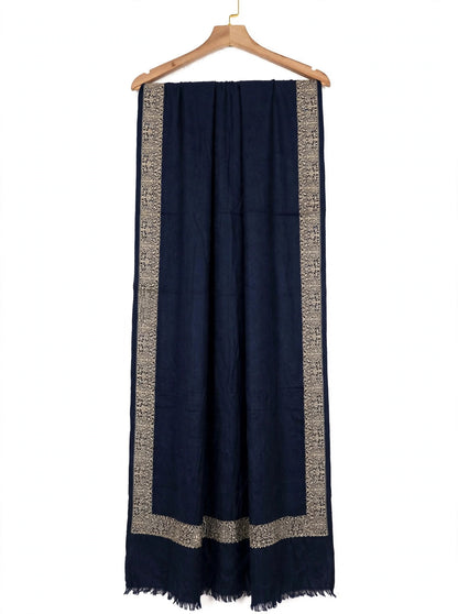 Navy Blue Pashmina Shawl with Gold Zari Paisley Border