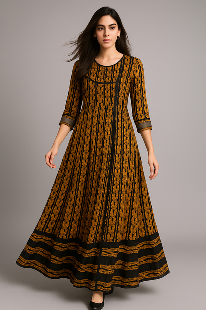 Mustard & Black Printed Lawn Maxi