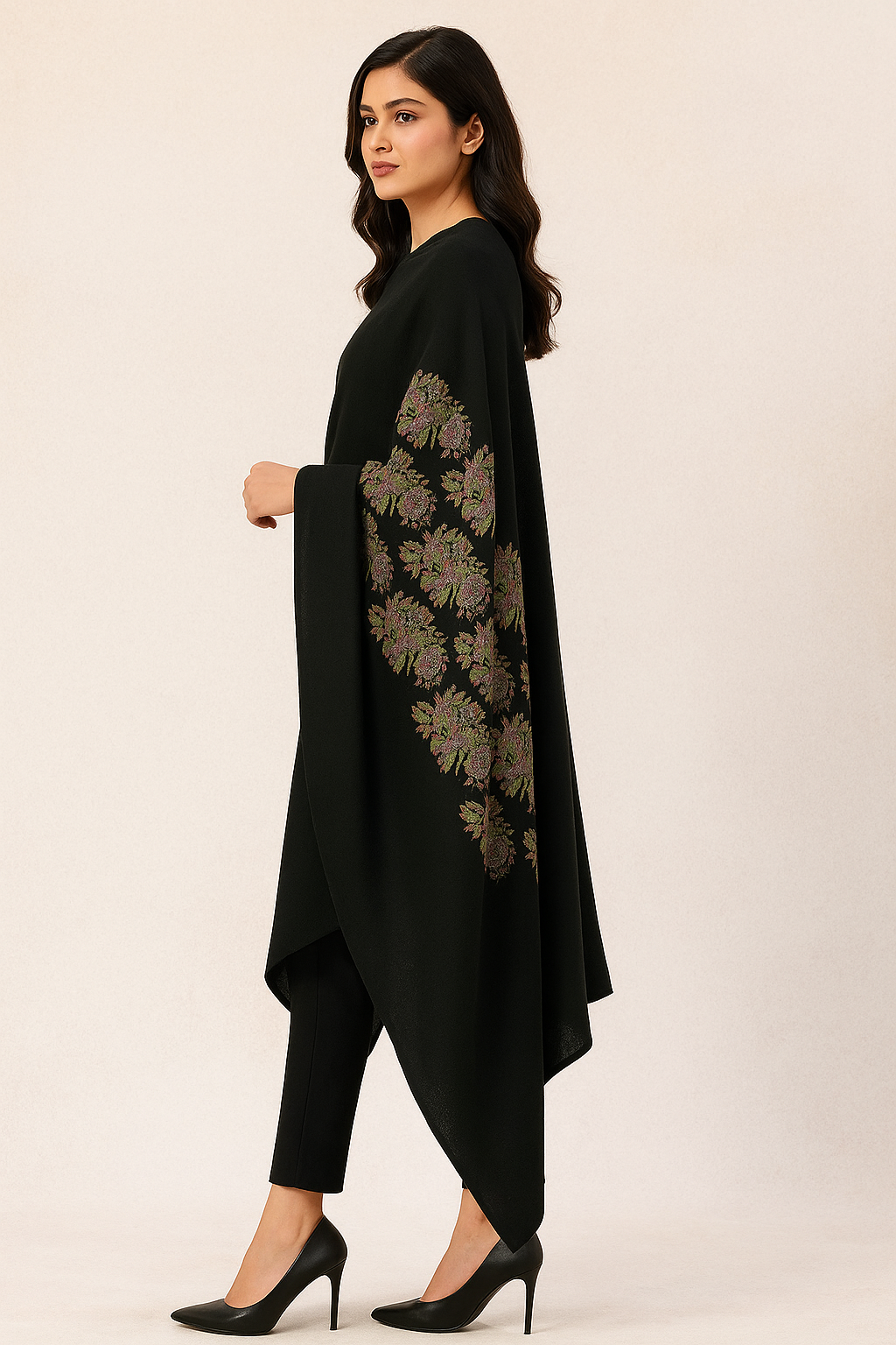 Elegant Black Pashmina Shawl with Floral Block Print Embroidery
