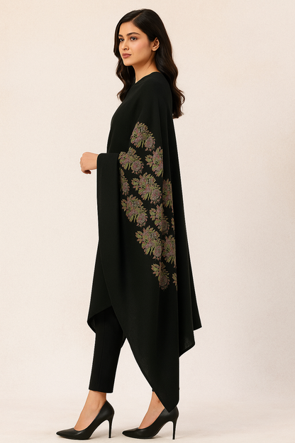 Elegant Black Pashmina Shawl with Floral Block Print Embroidery