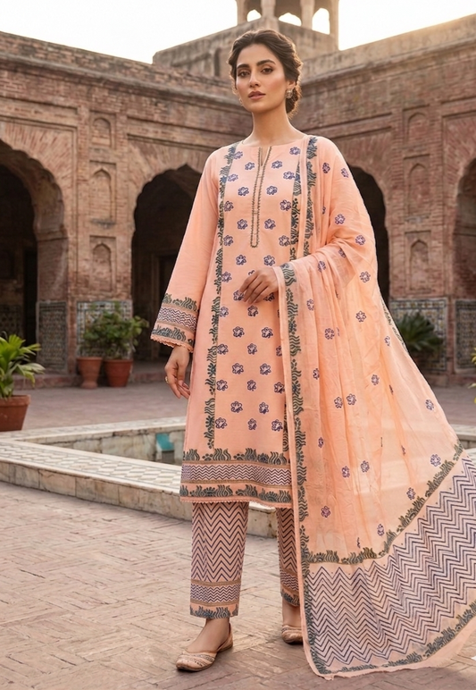 Peach Hand Block Printed Lawn Suit