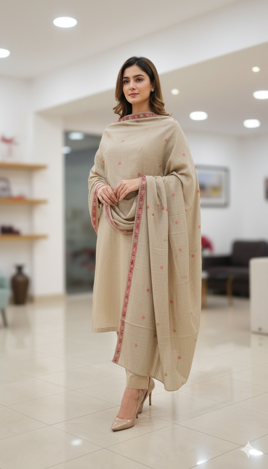 Beige Embroidered Pashmina Shawl with Pink Border Detailing