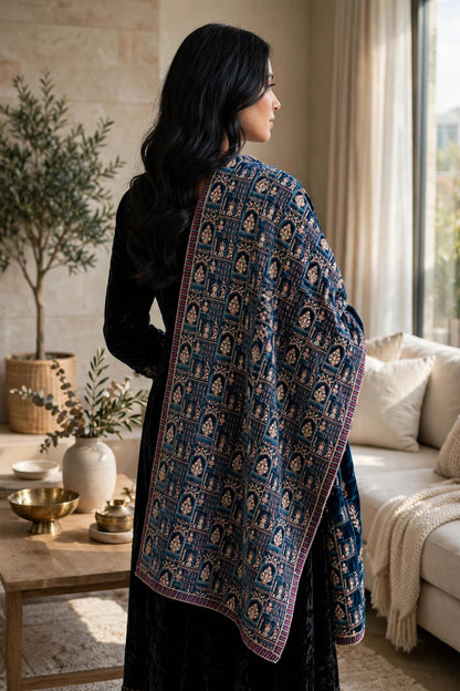 Noor-e-Jahan Teal Blue Fully Embroidered Velvet Shawl  Mughal Arch Design