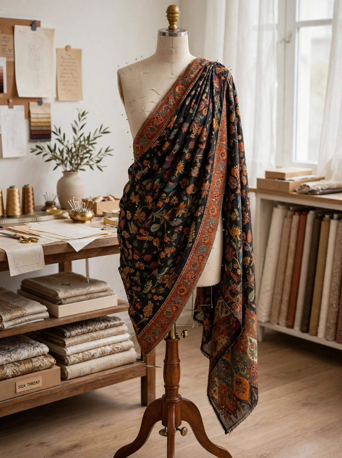 Heirloom Black Floral Kani Silk Dupatta - Pure Handwoven Kashmiri Luxury