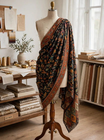 Heirloom Black Floral Kani Silk Dupatta - Pure Handwoven Kashmiri Luxury