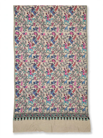 Noor - Beige Shikargah Kalamkari Pashmina Shawl