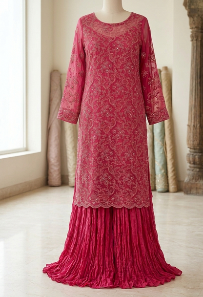 Luxury Magenta Pashmina Unstitched Suit | Laser-Cut Embroidery & Chiffon Dupatta