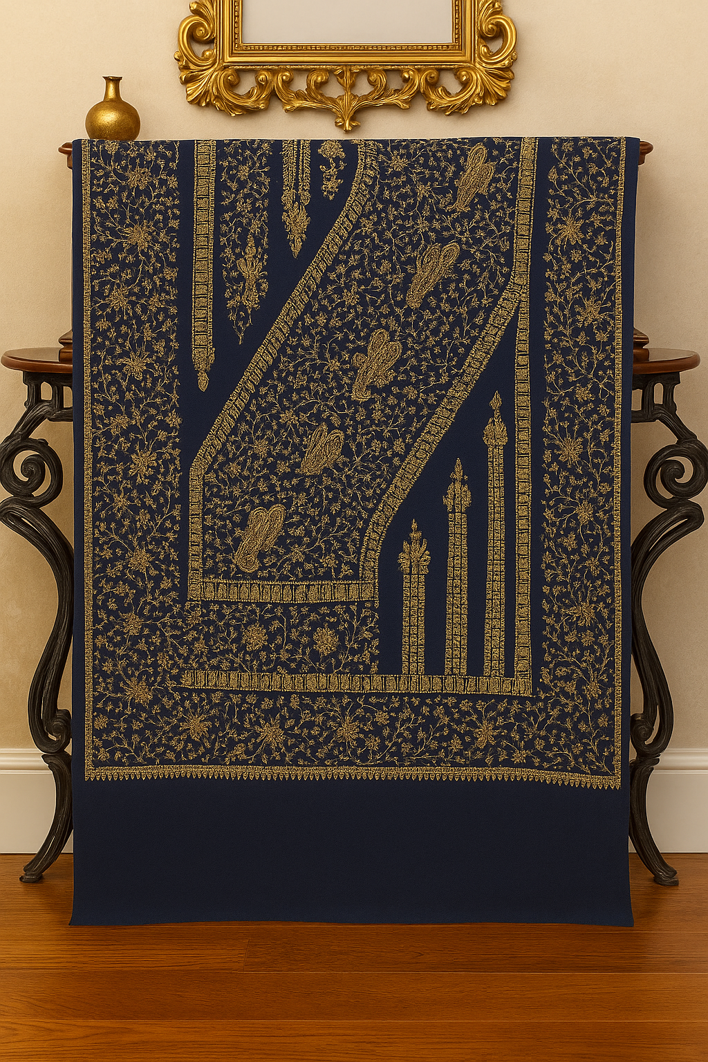 Luxury Dark Blue Pashmina Shawl with Golden Embroidery