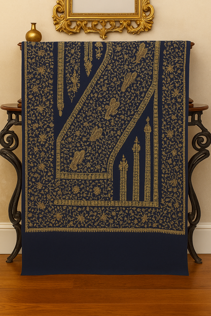 Luxury Dark Blue Pashmina Shawl with Golden Embroidery