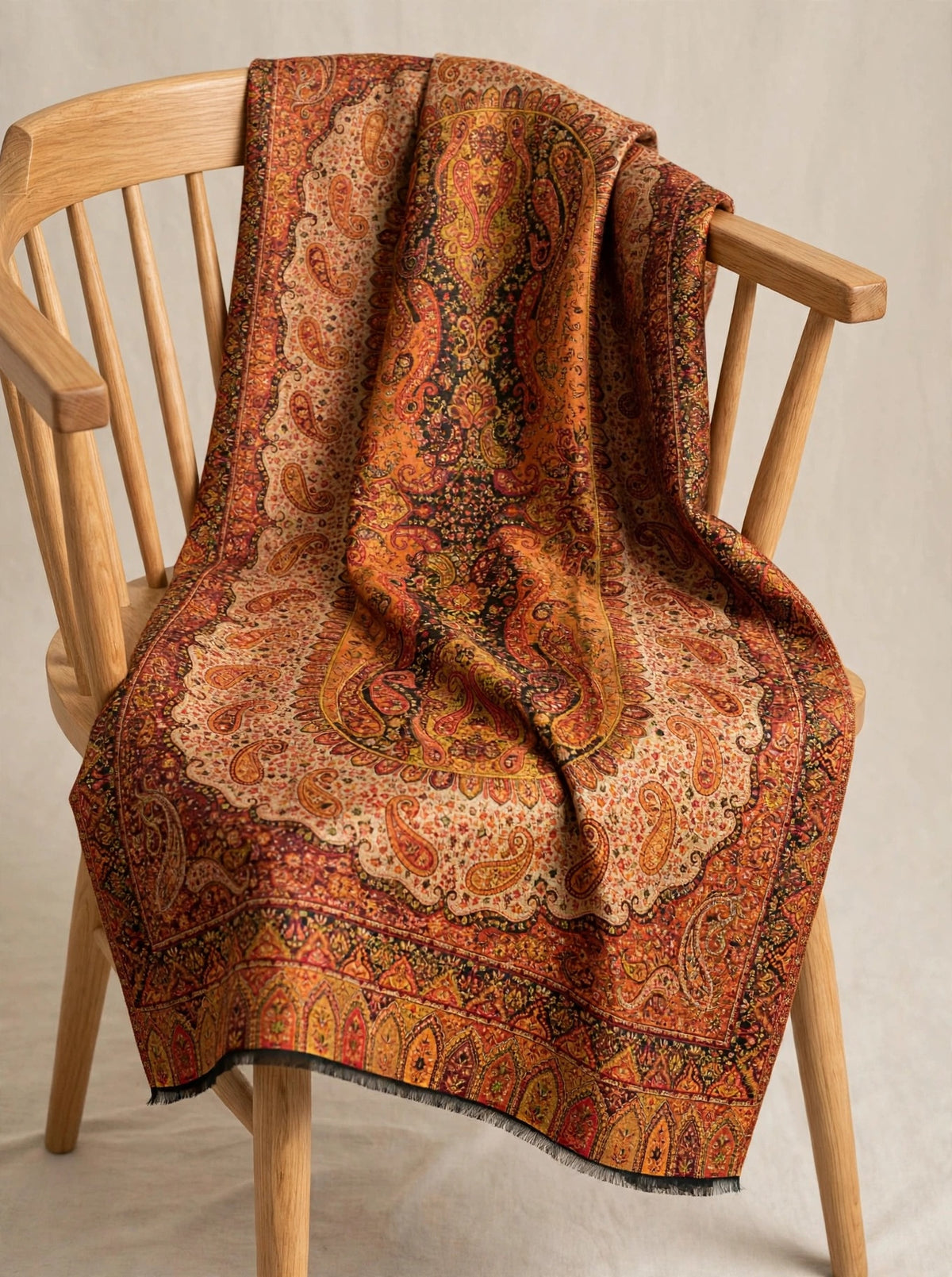 Heritage Jama Silk Zari Shawl Rust Orange & Gold Paisley Work