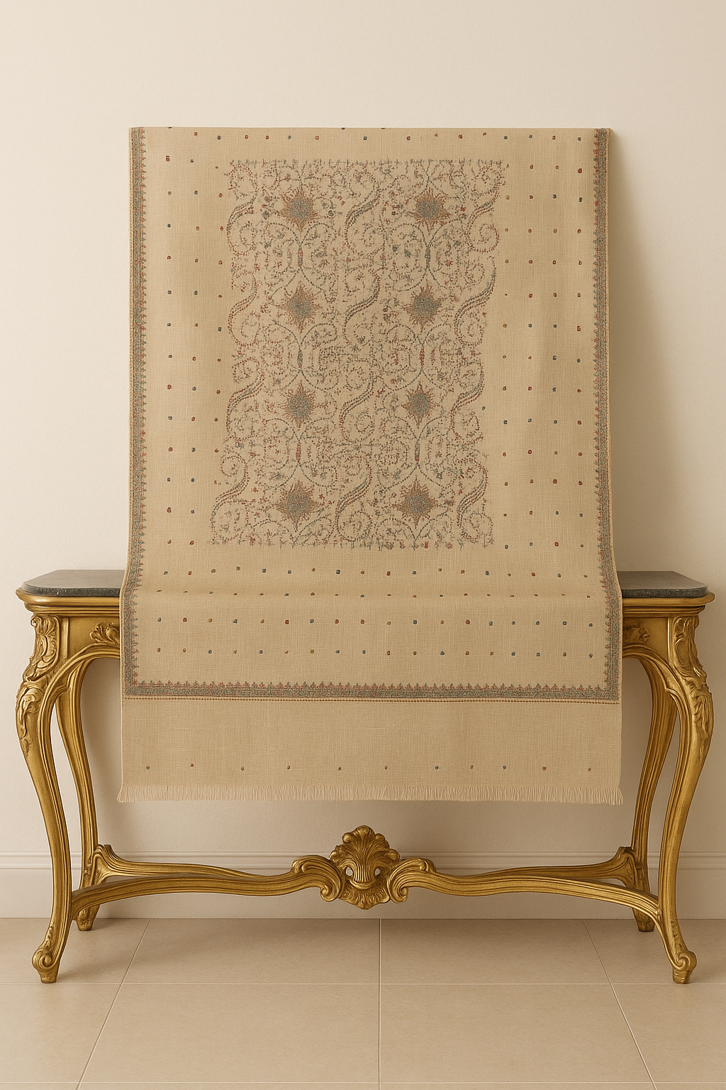 Luxury Needle Embroidered Pashmina Shawl Beige Elegance