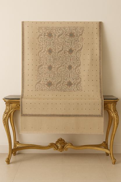 Luxury Needle Embroidered Pashmina Shawl Beige Elegance