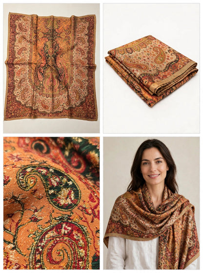 Heritage Jama Silk Zari Shawl Rust Orange & Gold Paisley Work