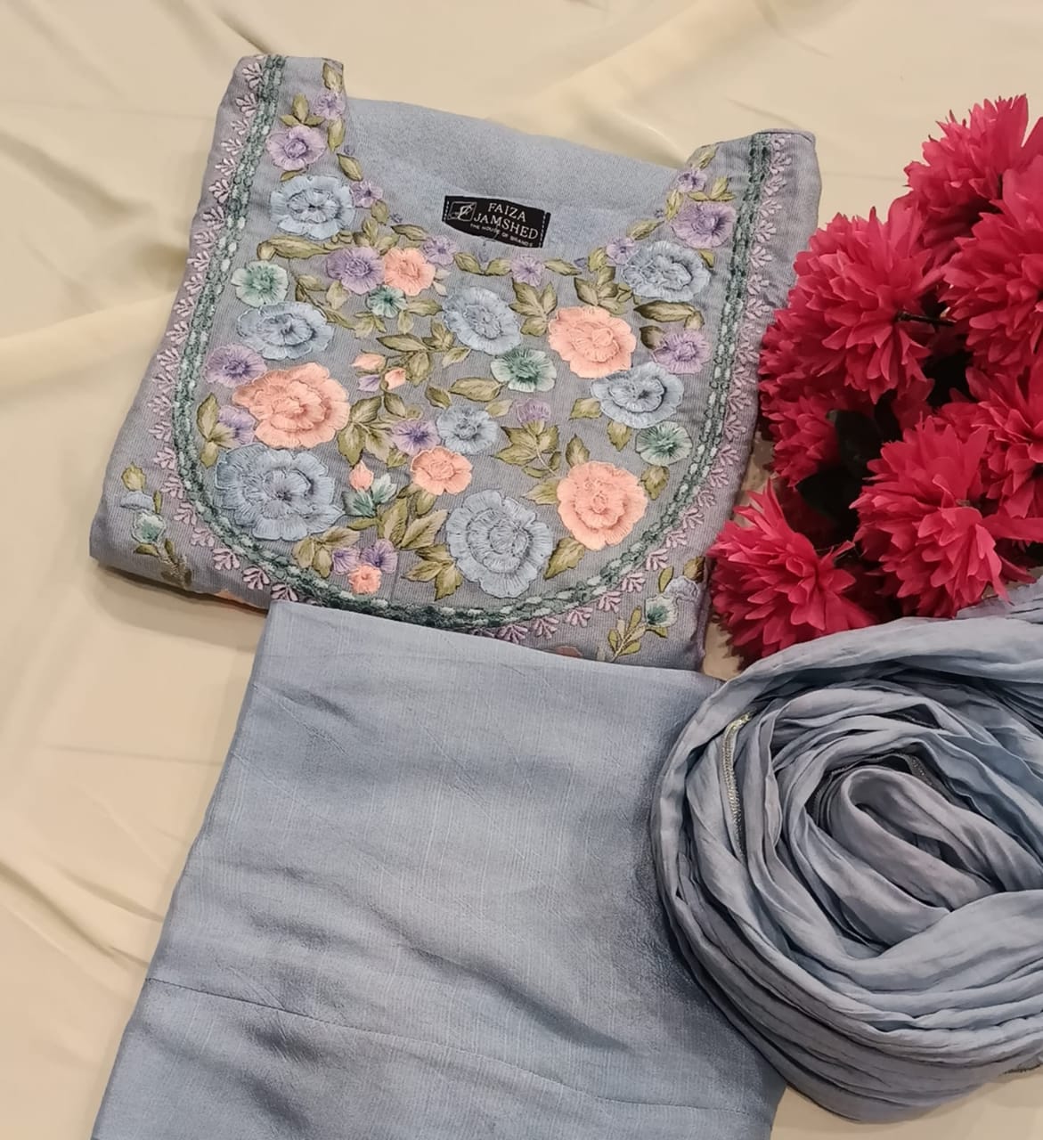 Powder Blue Embroidered Cotton Salwar Kameez Set  Floral Neckline & Sleeve Embroidery with Crushed Dupatta – Ready to Wear 3-Piece Suit