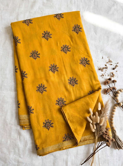 Mustard Embroidered Pashmina Shawl with Gold Zari Border | Booti Work Winter Shawl for Women