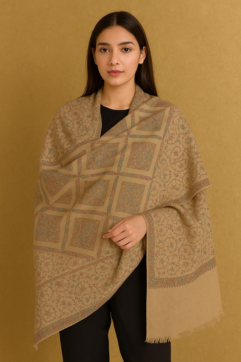 Elegant Pashmina Shawl with Fine Needle Embroidery