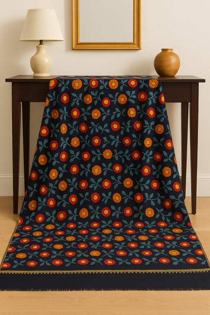 Handcrafted Floral Pashmina Shawl – Midnight Navy with Golden Trim