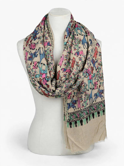 Noor - Beige Shikargah Kalamkari Pashmina Shawl