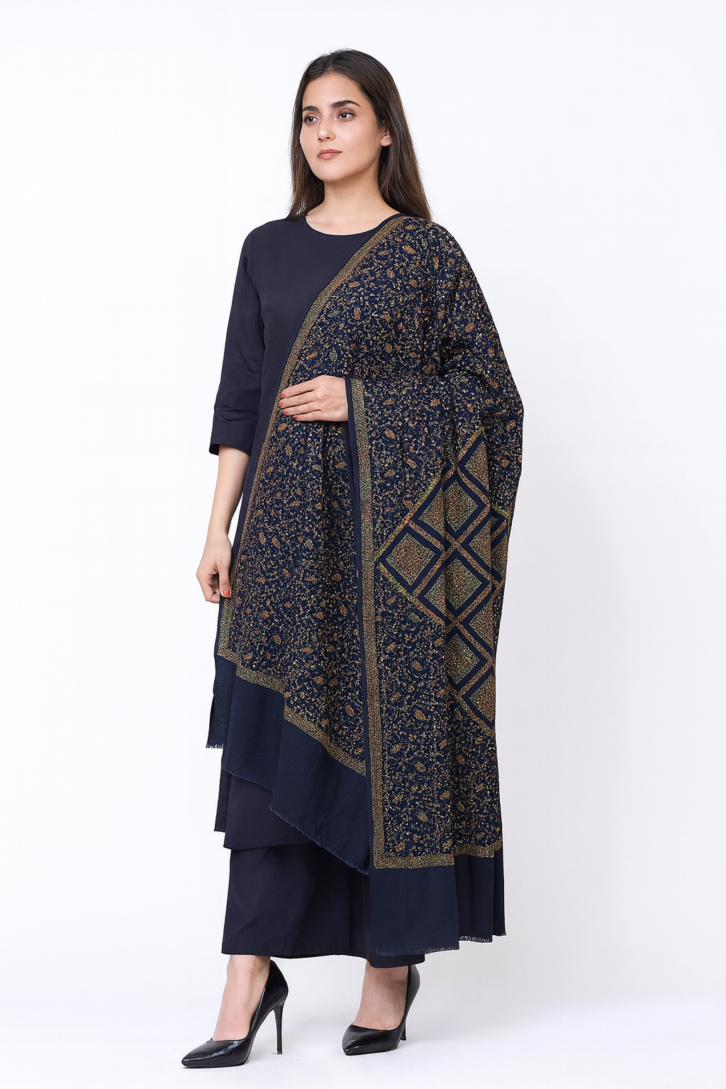 Luxury Navy Blue Pashmina Shawl  Floral Embroidery with Central Diamond Motif