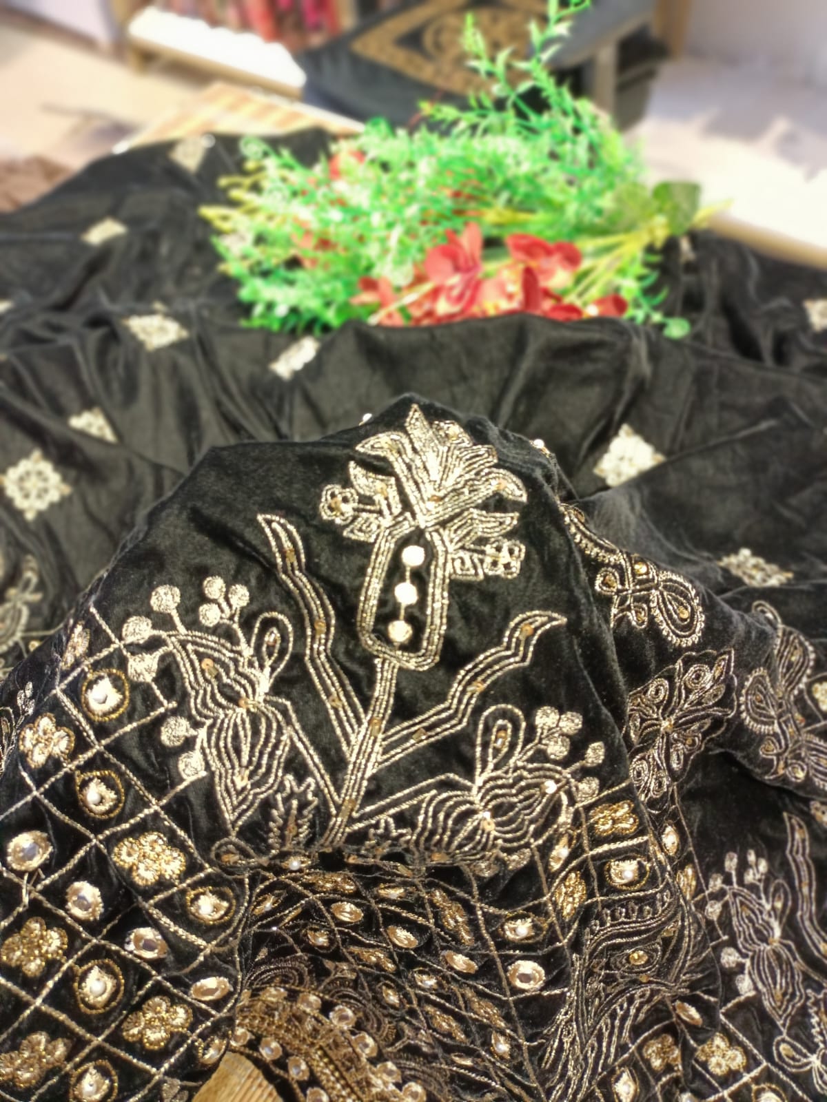 Velvet embroidered shawl