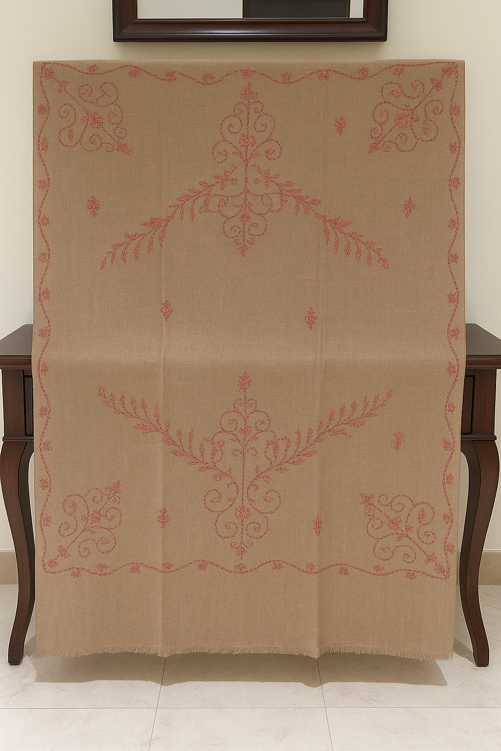 Handcrafted Needle Embroidered Pashmina Shawl – Beige with Red Motifs
