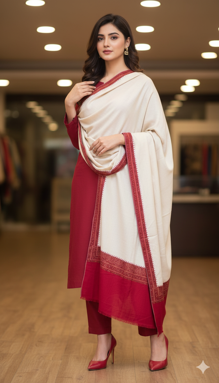 Elegant Ivory Pashmina Shawl with Red Embroidered Border