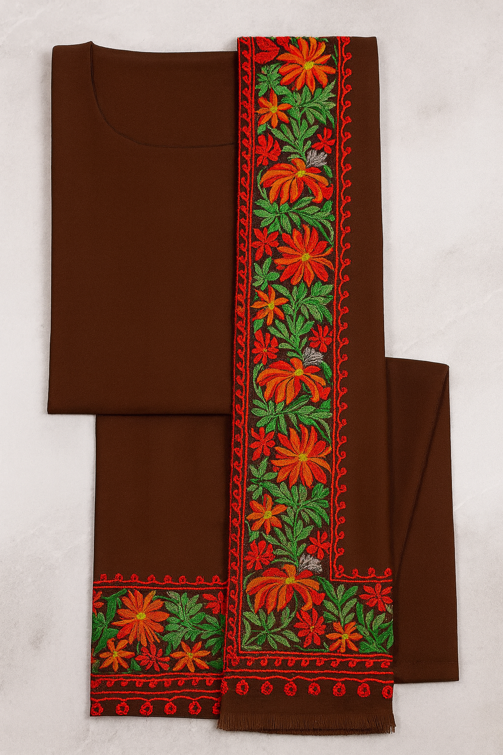 Brown Pashmina Shawl – Four-Side Floral Aari Embroidery
