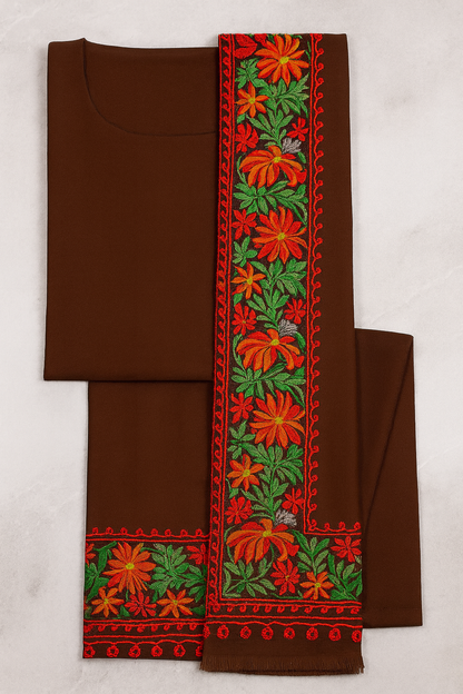 Brown Pashmina Shawl – Four-Side Floral Aari Embroidery